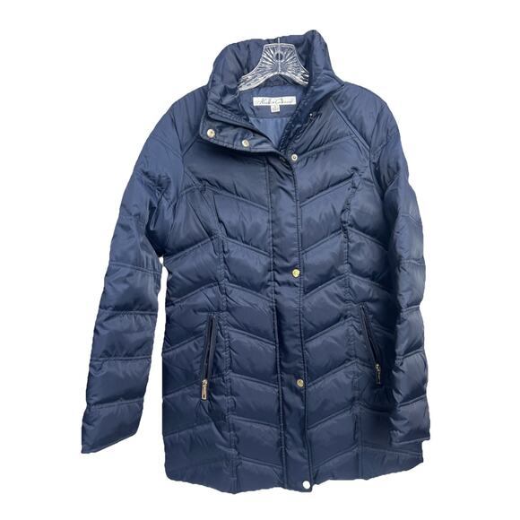 Kenneth Cole Womens Medium Down Puffer Coat Mid Length Quilted Jacket Navy Zip - Picture 1 of 10